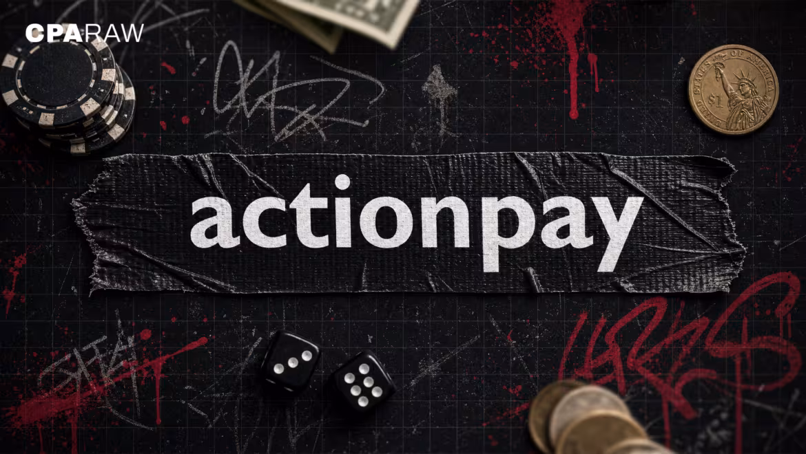 Logo da ActionPay em fita preta sobre parede de rua com pixo