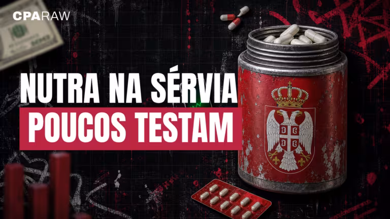 Pote de remédio de metal com o brasão da Sérvia, cápsulas transbordando, cartela de comprimidos e nota de dólar sobre fundo escuro